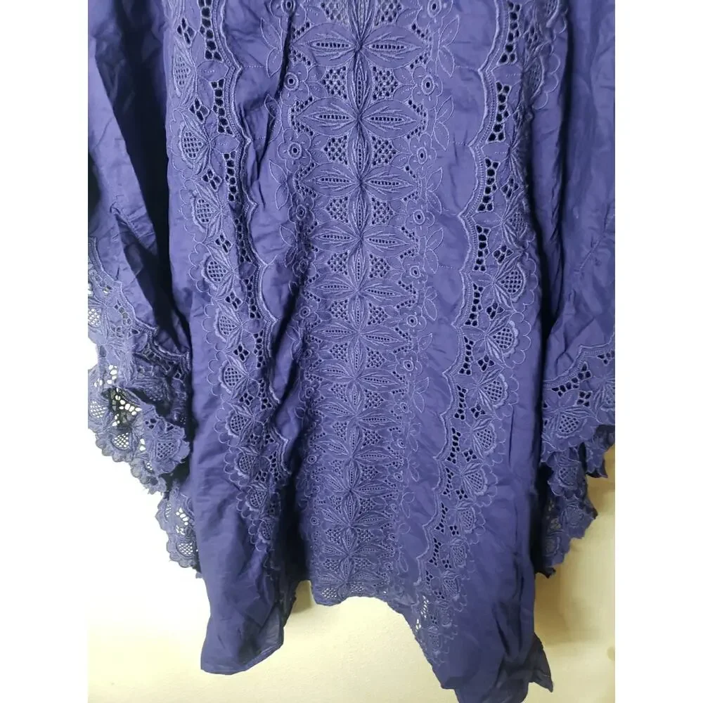 J Crew Re-imagined Blue Embroidered Floral Caftan Cover Up Tunic Top MEDIUM